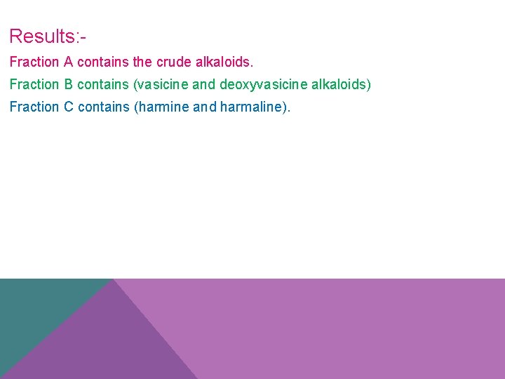 Results: Fraction A contains the crude alkaloids. Fraction B contains (vasicine and deoxyvasicine alkaloids)