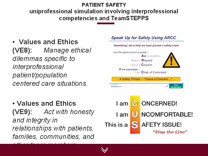 PATIENT SAFETY uniprofessional simulation involving interprofessional competencies and Team. STEPPS • Values and Ethics