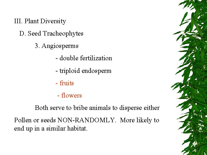 III. Plant Diversity D. Seed Tracheophytes 3. Angiosperms - double fertilization - triploid endosperm