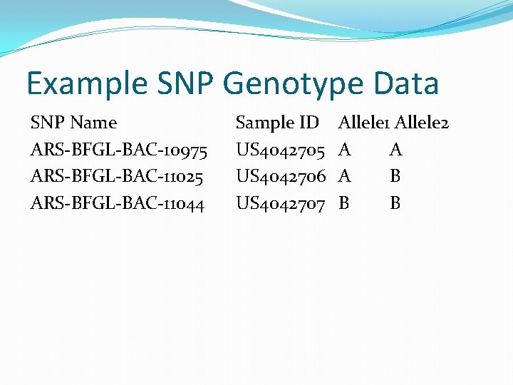 Example SNP Genotype Data SNP Name ARS-BFGL-BAC-10975 ARS-BFGL-BAC-11025 ARS-BFGL-BAC-11044 Sample ID US 4042705 US