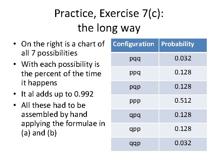 Practice, Exercise 7(c): the long way • On the right is a chart of