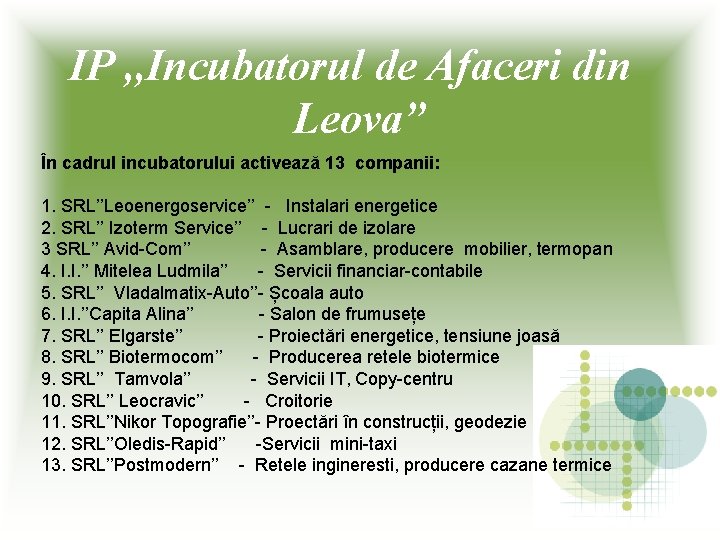 IP , , Incubatorul de Afaceri din Leova” În cadrul incubatorului activează 13 companii: