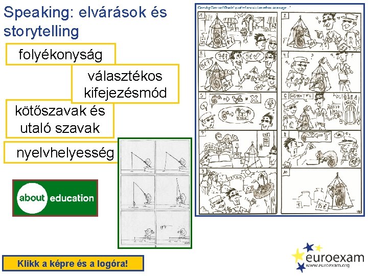 Speaking: elvárások és storytelling folyékonyság választékos kifejezésmód kötőszavak és utaló szavak nyelvhelyesség Klikk a
