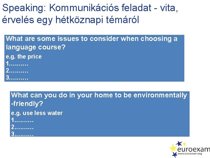 Speaking: Kommunikációs feladat - vita, érvelés egy hétköznapi témáról What are some issues to