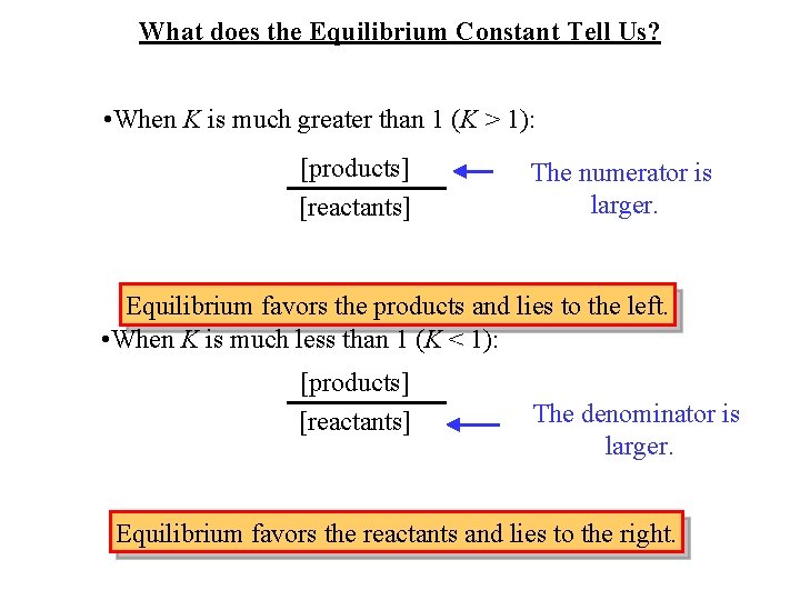 What does the Equilibrium Constant Tell Us? • When K is much greater than