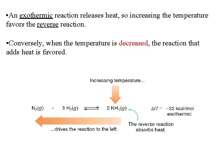  • An exothermic reaction releases heat, so increasing the temperature favors the reverse