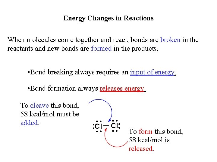 Energy Changes in Reactions When molecules come together and react, bonds are broken in