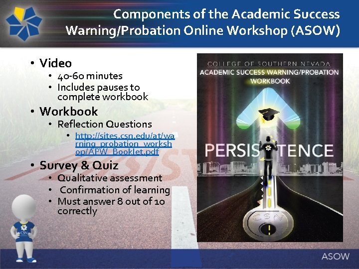 Components of the Academic Success Warning/Probation Online Workshop (ASOW) • Video • 40 -60
