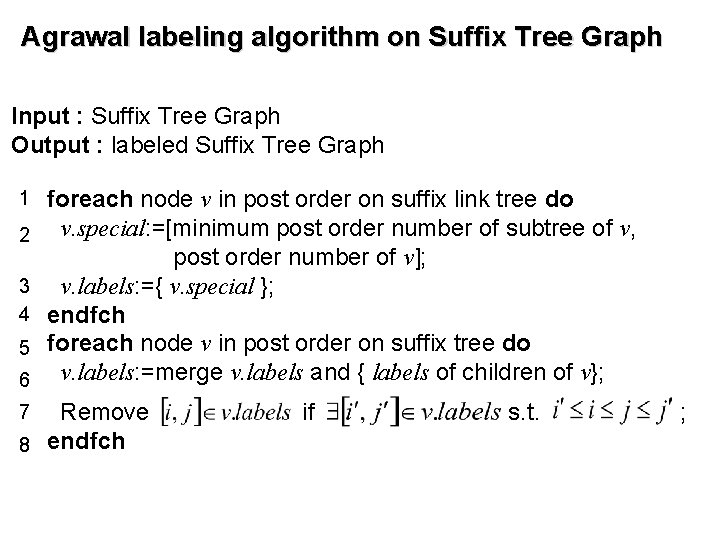 Agrawal labeling algorithm on Suffix Tree Graph　 Input : Suffix Tree Graph Output :