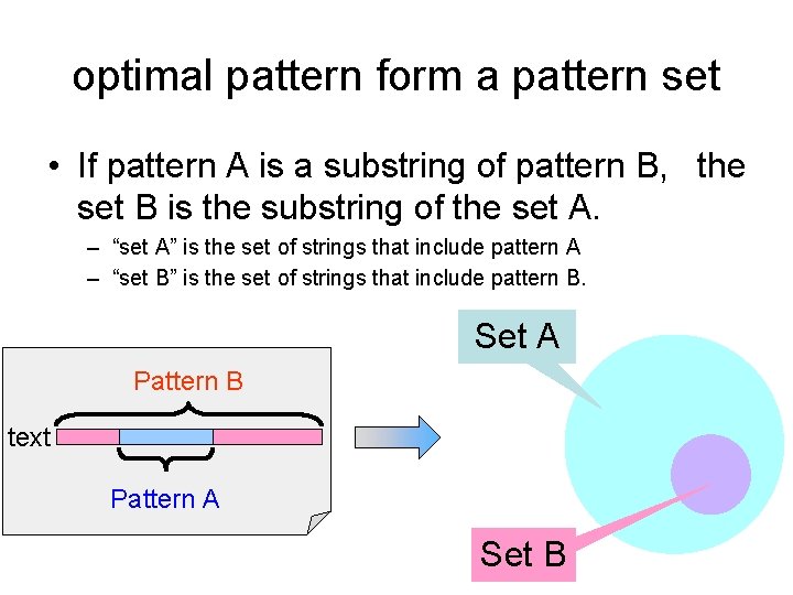 optimal pattern form a pattern set • If pattern A is a substring of