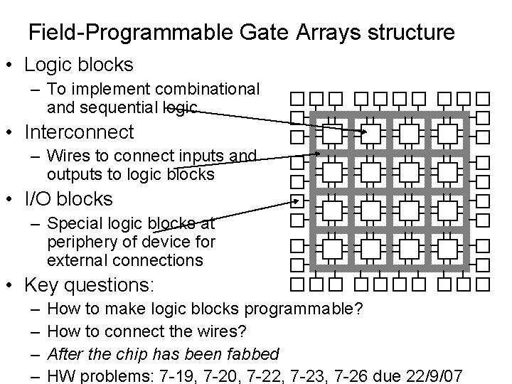 Field-Programmable Gate Arrays structure • Logic blocks – To implement combinational and sequential logic