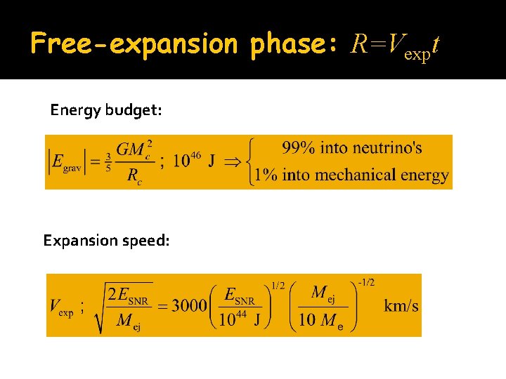 Free-expansion phase: R=Vexpt Energy budget: Expansion speed: 