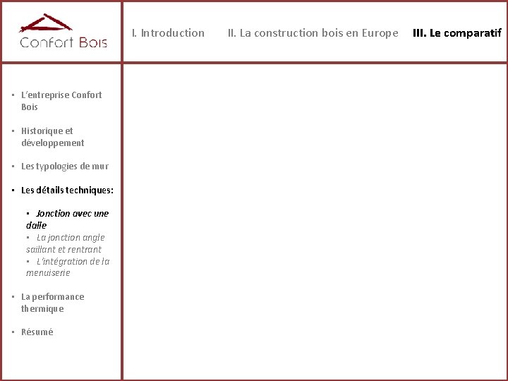 I. Introduction • L‘entreprise Confort Bois • Historique et développement • Les typologies de