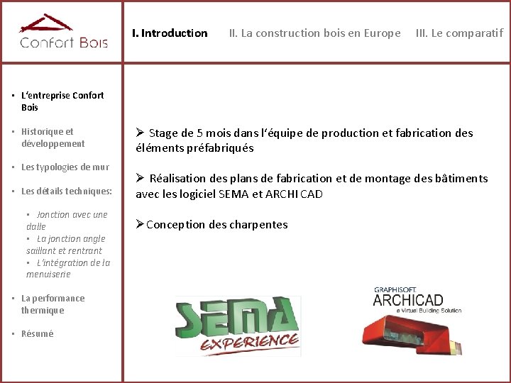 I. Introduction II. La construction bois en Europe III. Le comparatif • L‘entreprise Confort