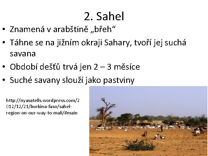 2. Sahel • Znamená v arabštině „břeh“ • Táhne se na jižním okraji Sahary,