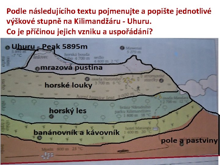 Podle následujícího textu pojmenujte a popište jednotlivé výškové stupně na Kilimandžáru - Uhuru. Co