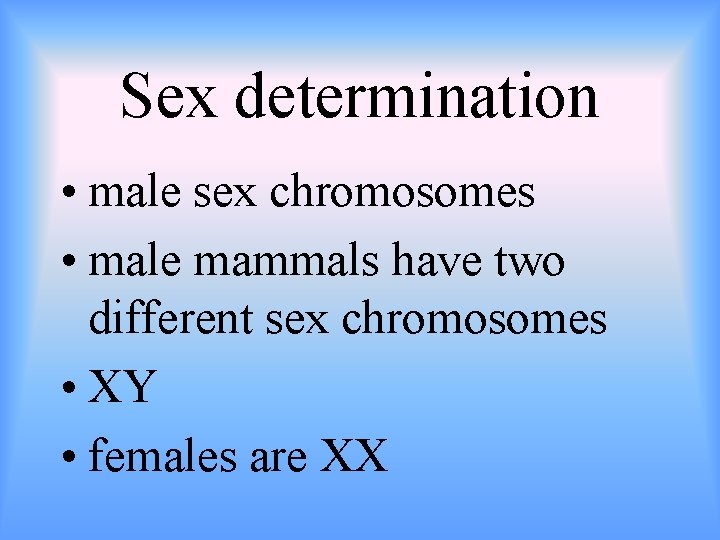 Sex determination • male sex chromosomes • male mammals have two different sex chromosomes