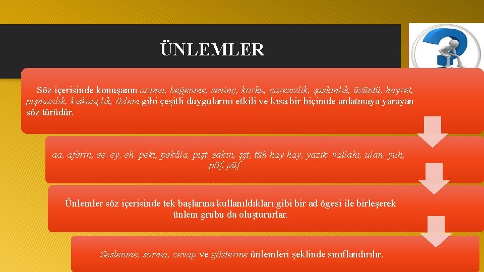 ÜNLEMLER Söz içerisinde konuşanın acıma, beğenme, sevinç, korku, çaresizlik, şaşkınlık, üzüntü, hayret, pişmanlık, kıskançlık,