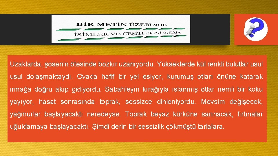 Uzaklarda, şosenin ötesinde bozkır uzanıyordu. Yükseklerde kül renkli bulutlar usul dolaşmaktaydı. Ovada hafif bir