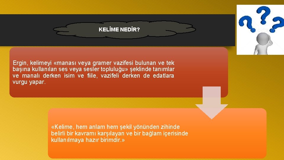 KELİME NEDİR? Ergin, kelimeyi «manası veya gramer vazifesi bulunan ve tek başına kullanılan ses