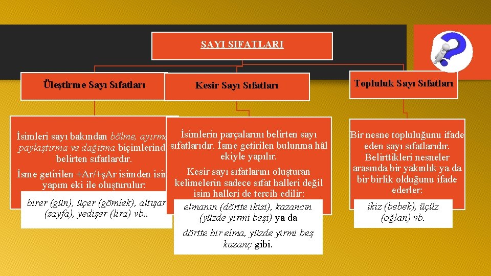 SAYI SIFATLARI Üleştirme Sayı Sıfatları Kesir Sayı Sıfatları İsimleri sayı bakından bölme, ayırma, İsimlerin