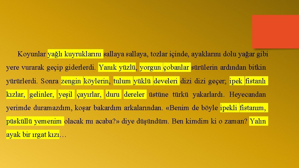 Koyunlar yağlı kuyruklarını sallaya, tozlar içinde, ayaklarını dolu yağar gibi yere vurarak geçip giderlerdi.