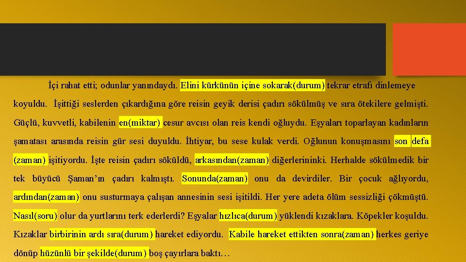 İçi rahat etti; odunlar yanındaydı. Elini kürkünün içine sokarak(durum) tekrar etrafı dinlemeye koyuldu. İşittiği