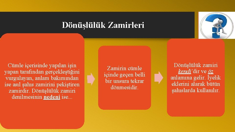 Dönüşlülük Zamirleri Cümle içerisinde yapılan işin yapan tarafından gerçekleştiğini vurgulayan, anlam bakımından ise asıl