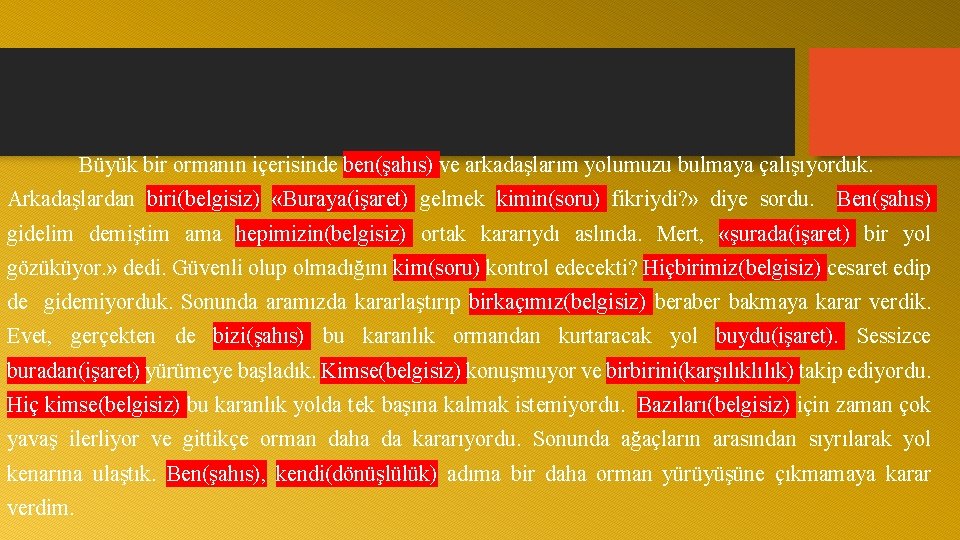 Büyük bir ormanın içerisinde ben(şahıs) ve arkadaşlarım yolumuzu bulmaya çalışıyorduk. Arkadaşlardan biri(belgisiz) «Buraya(işaret) gelmek