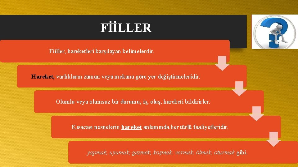 FİİLLER Fiiller, hareketleri karşılayan kelimelerdir. Hareket, varlıkların zaman veya mekana göre yer değiştirmeleridir. Olumlu