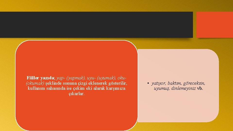 Fiiller yazıda; yap- (yapmak), uyu- (uyumak), oku- (okumak) şeklinde sonuna çizgi eklenerek gösterilir, kullanım