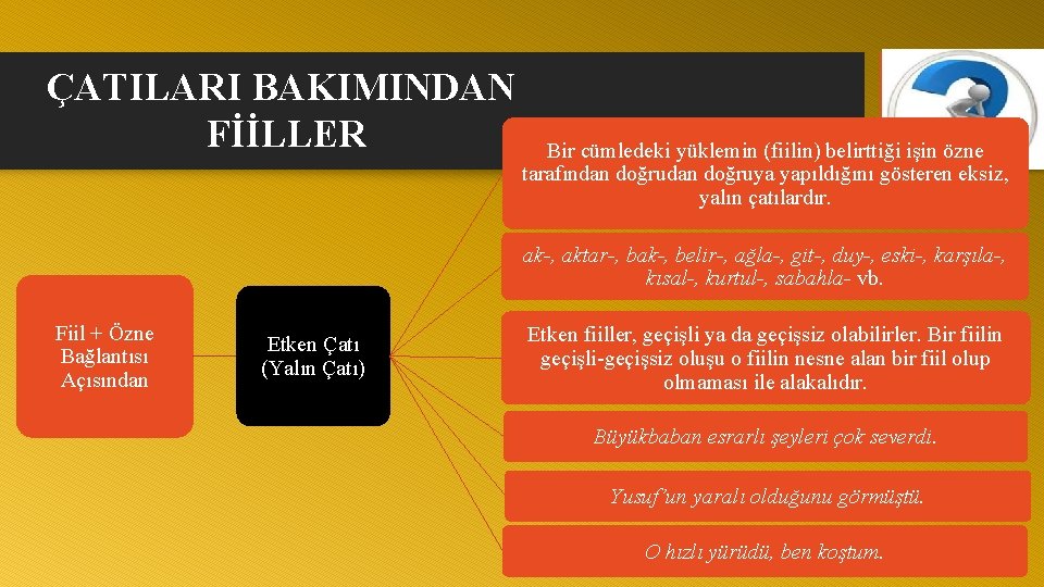 ÇATILARI BAKIMINDAN FİİLLER Bir cümledeki yüklemin (fiilin) belirttiği işin özne tarafından doğruya yapıldığını gösteren