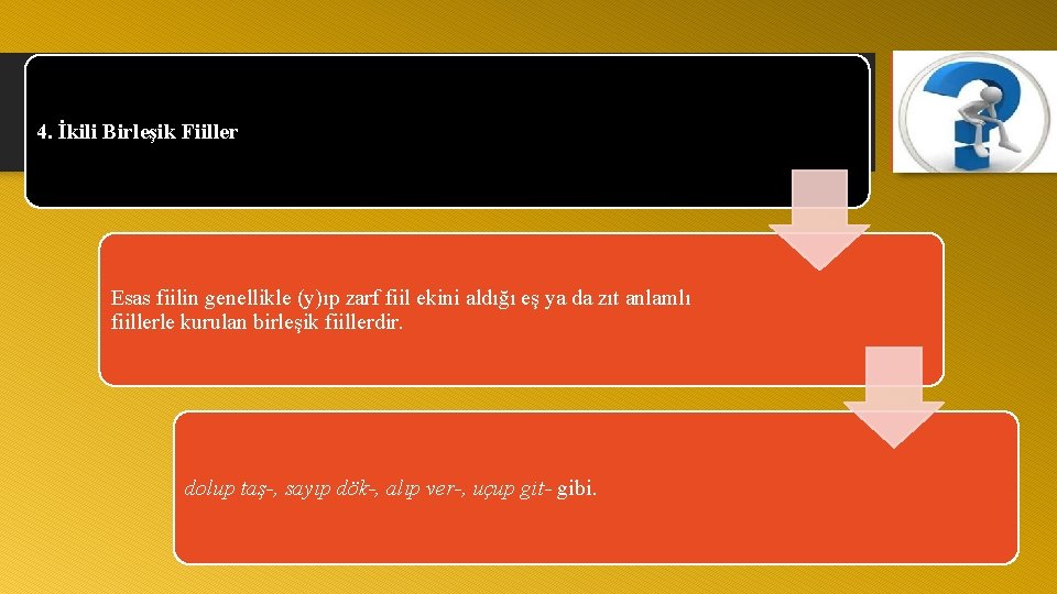 4. İkili Birleşik Fiiller Esas fiilin genellikle (y)ıp zarf fiil ekini aldığı eş ya