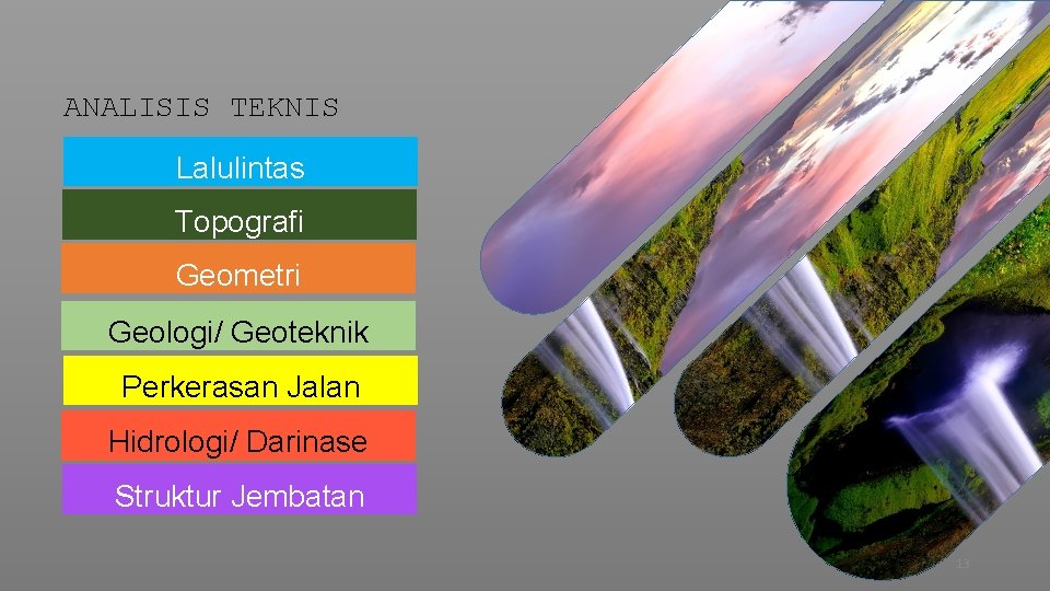 ANALISIS TEKNIS Lalulintas Topografi Geometri Geologi/ Geoteknik Perkerasan Jalan Hidrologi/ Darinase Struktur Jembatan 13