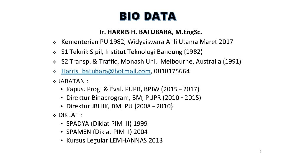 BIO DATA Ir. HARRIS H. BATUBARA, M. Eng. Sc. v Kementerian PU 1982, Widyaiswara