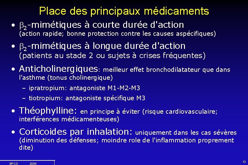 Place des principaux médicaments • 2 -mimétiques à courte durée d'action (action rapide; bonne