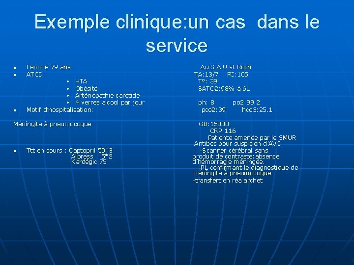 Exemple clinique: un cas dans le service n n n Femme 79 ans ATCD: