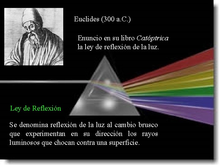 Euclides (300 a. C. ) Enuncio en su libro Catóptrica la ley de reflexión