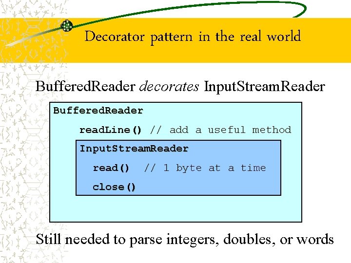 Decorator pattern in the real world Buffered. Reader decorates Input. Stream. Reader Buffered. Reader