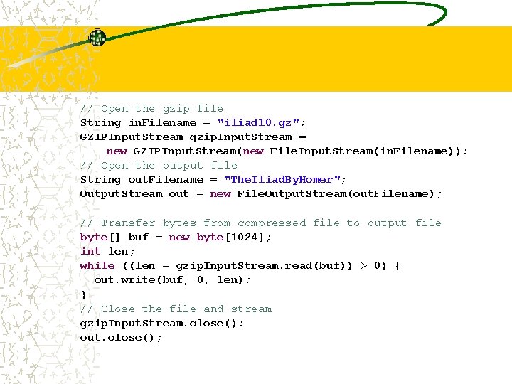 // Open the gzip file String in. Filename = "iliad 10. gz"; GZIPInput. Stream