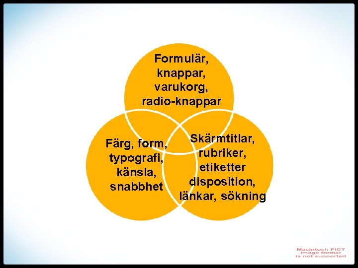 Formulär, knappar, varukorg, radio-knappar Färg, form, typografi, känsla, snabbhet Skärmtitlar, rubriker, etiketter disposition, länkar,