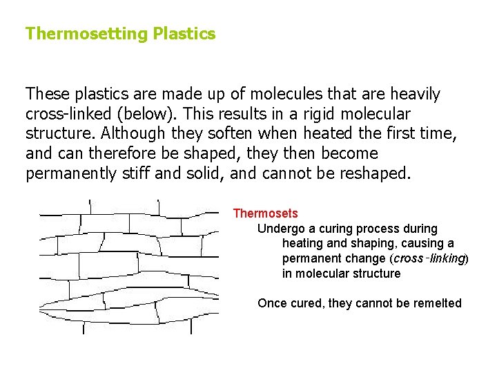 Thermosetting Plastics These plastics are made up of molecules that are heavily cross-linked (below).