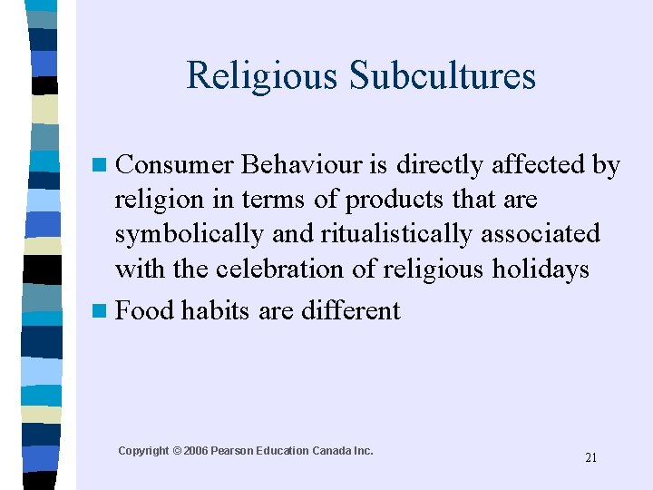 Religious Subcultures n Consumer Behaviour is directly affected by religion in terms of products