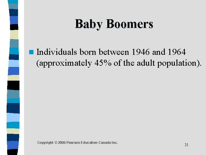 Baby Boomers n Individuals born between 1946 and 1964 (approximately 45% of the adult