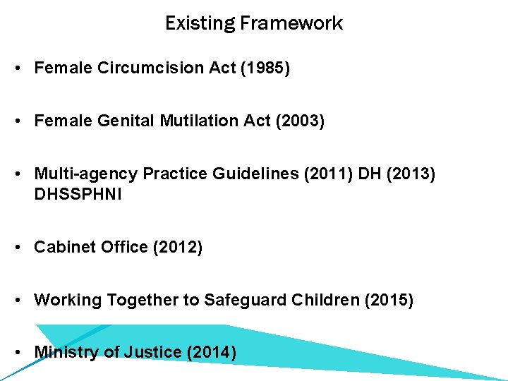 Existing Framework • Female Circumcision Act (1985) • Female Genital Mutilation Act (2003) •