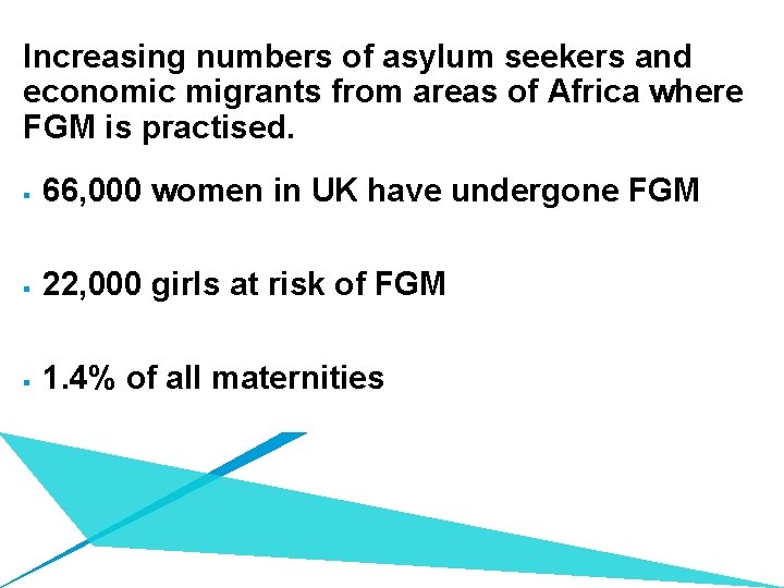 Increasing numbers of asylum seekers and economic migrants from areas of Africa where FGM