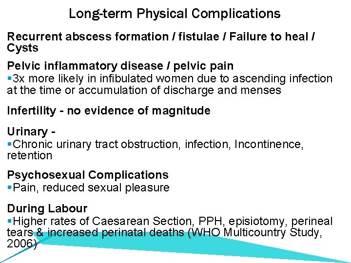 Long-term Physical Complications Recurrent abscess formation / fistulae / Failure to heal / Cysts