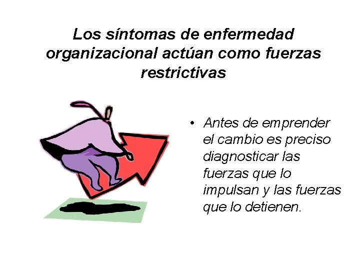 Los síntomas de enfermedad organizacional actúan como fuerzas restrictivas • Antes de emprender el