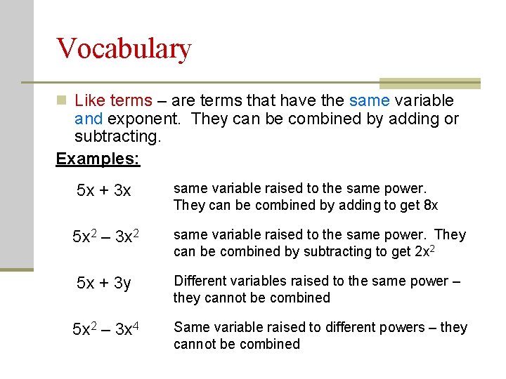 Vocabulary n Like terms – are terms that have the same variable and exponent.