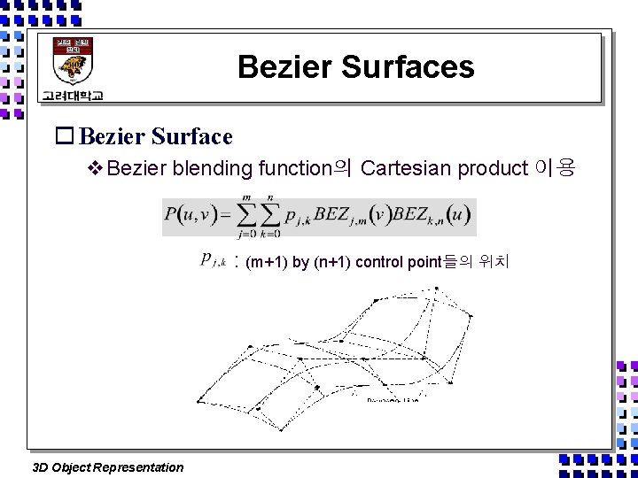 Bezier Surfaces o Bezier Surface v. Bezier blending function의 Cartesian product 이용 : (m+1)